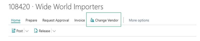 Image of the navigation elements needed to change the vendor in Business Central